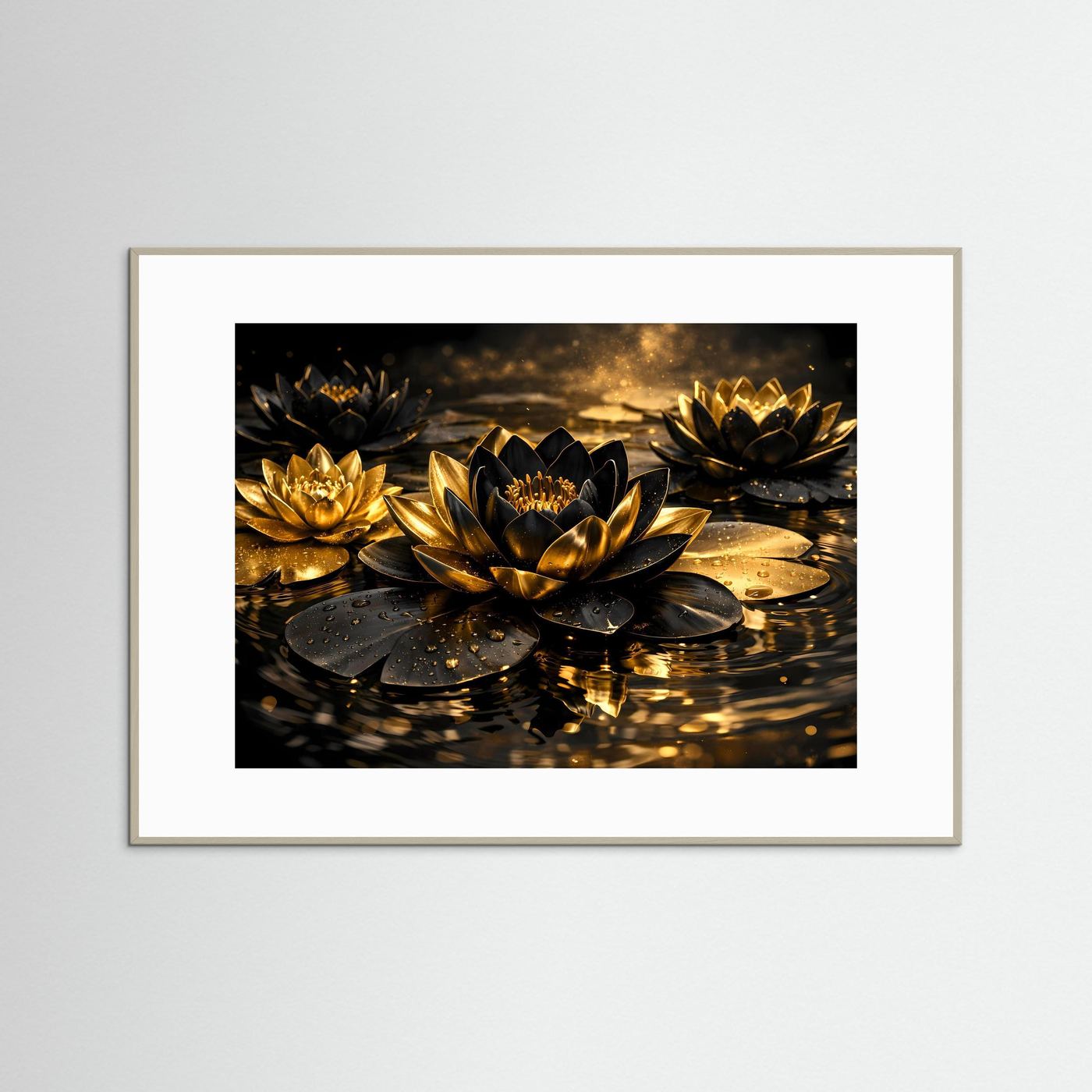 Wandbild mit goldenen Lotusblüten und Wasserreflexion, naturfarbener Holzrahmen.