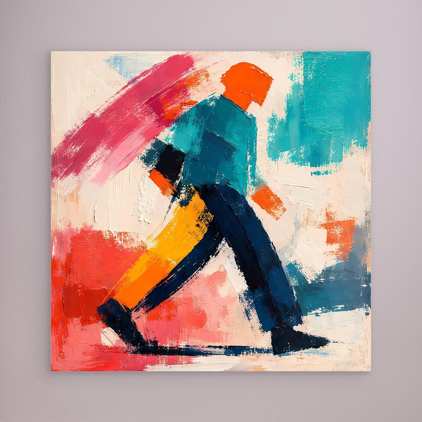 Abstract pop art wall canvas with walker figure, no visible frame, red, teal and navy strokes.