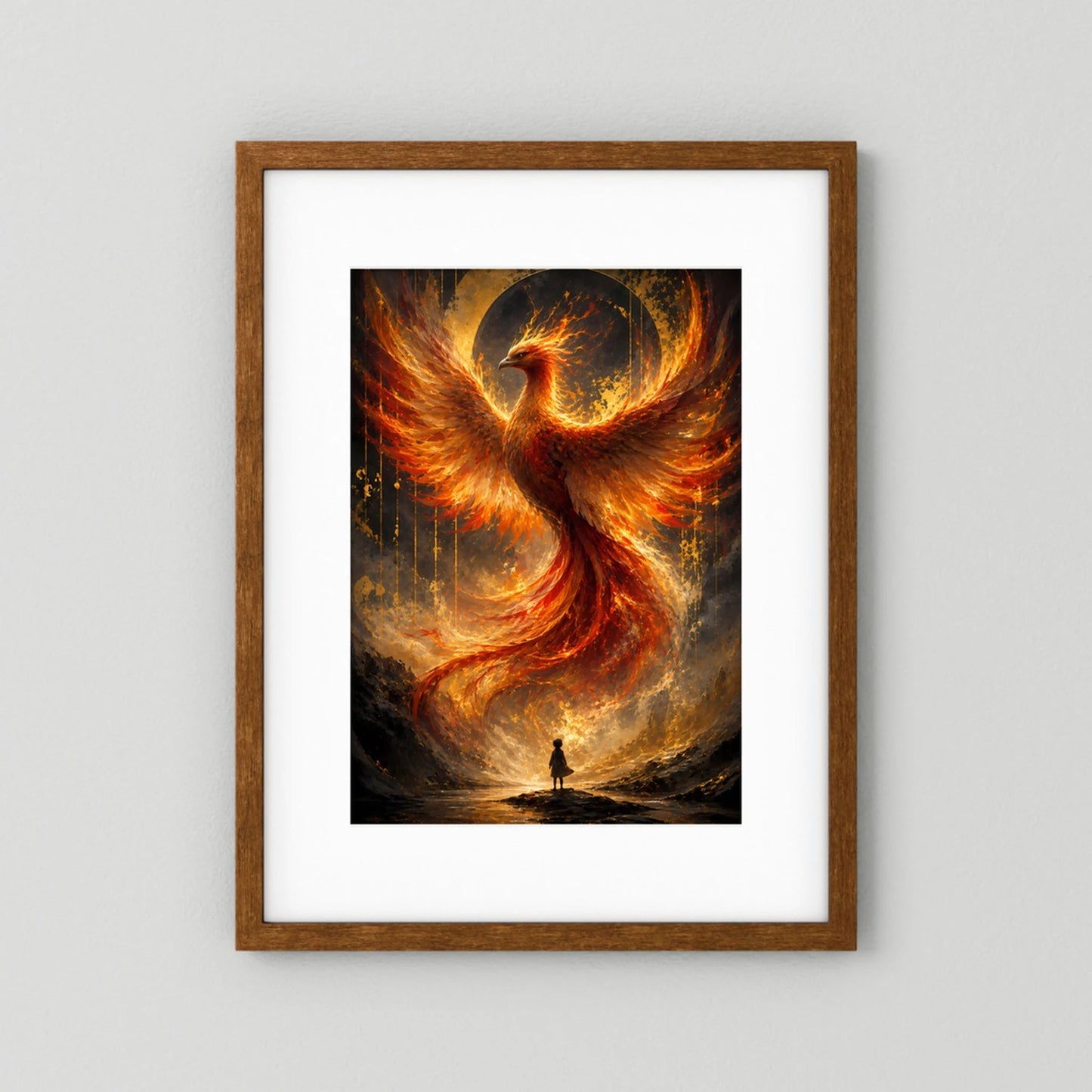 Hochformatiges Poster mit gold-orange Phönix aus Feuer, brauner Holzrahmen