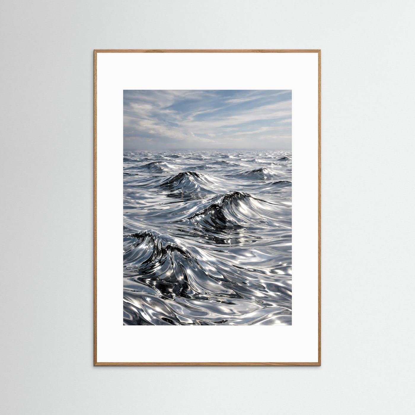 Ozean-Poster mit silbernen Wasserwellen im Hochformat, rötlichbraun gerahmt
