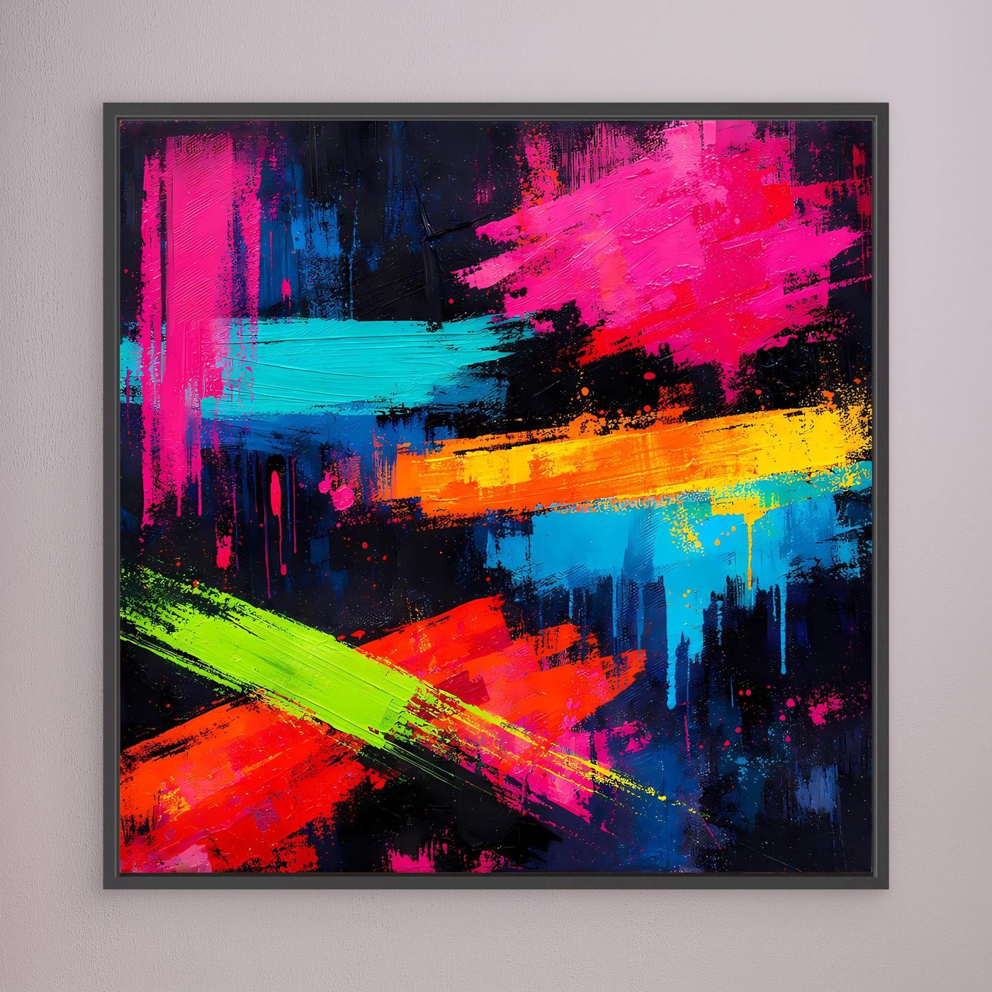 Abstraktes Leinwand-Wandbild mit dunklem Rahmen, Neonfarben in Pink, Blau, Grün und Gelb
