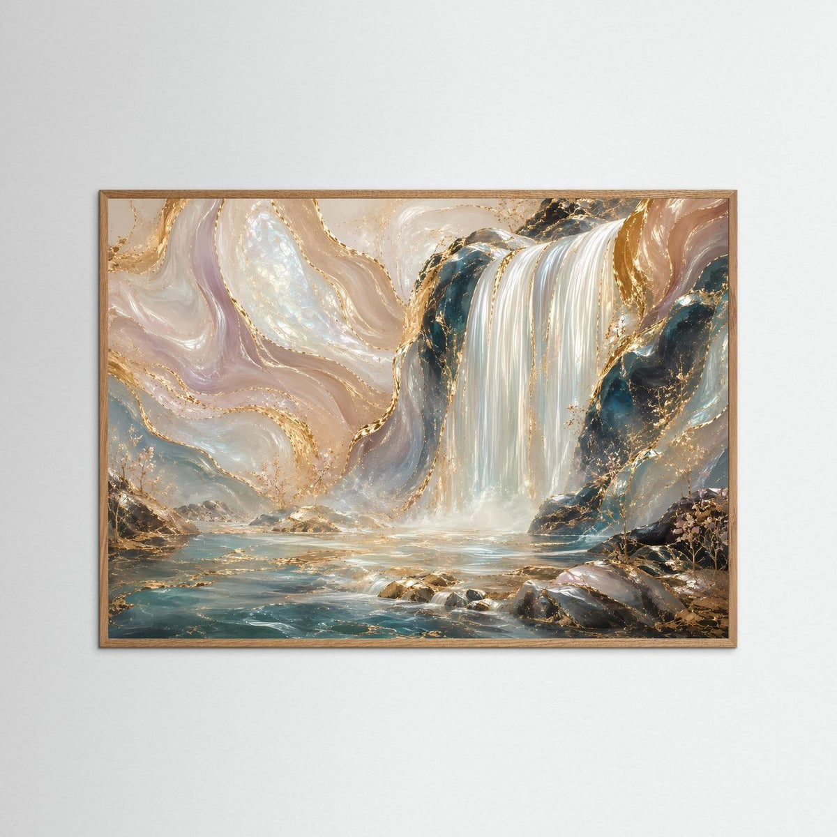 Poster mit abstraktem Wasserfall im naturfarbenen Eichenrahmen, creme-gold und türkis