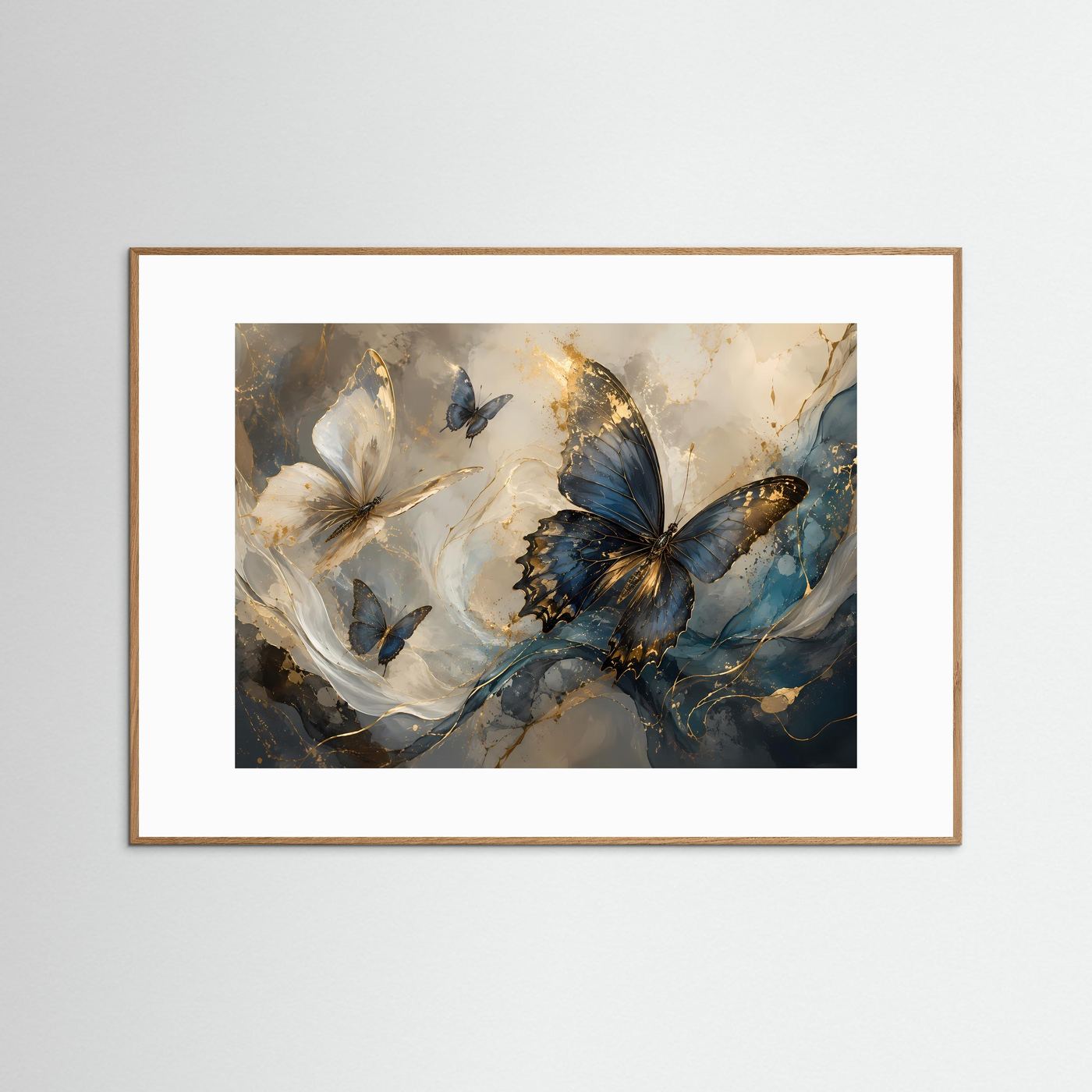 Schmetterlinge Gold Blau Poster | Abstrakte Fine Art Wandkunst | Elegantes Schmetterlingsbild | Luxuriöses Leinwandbild | Moderne Wanddekoration