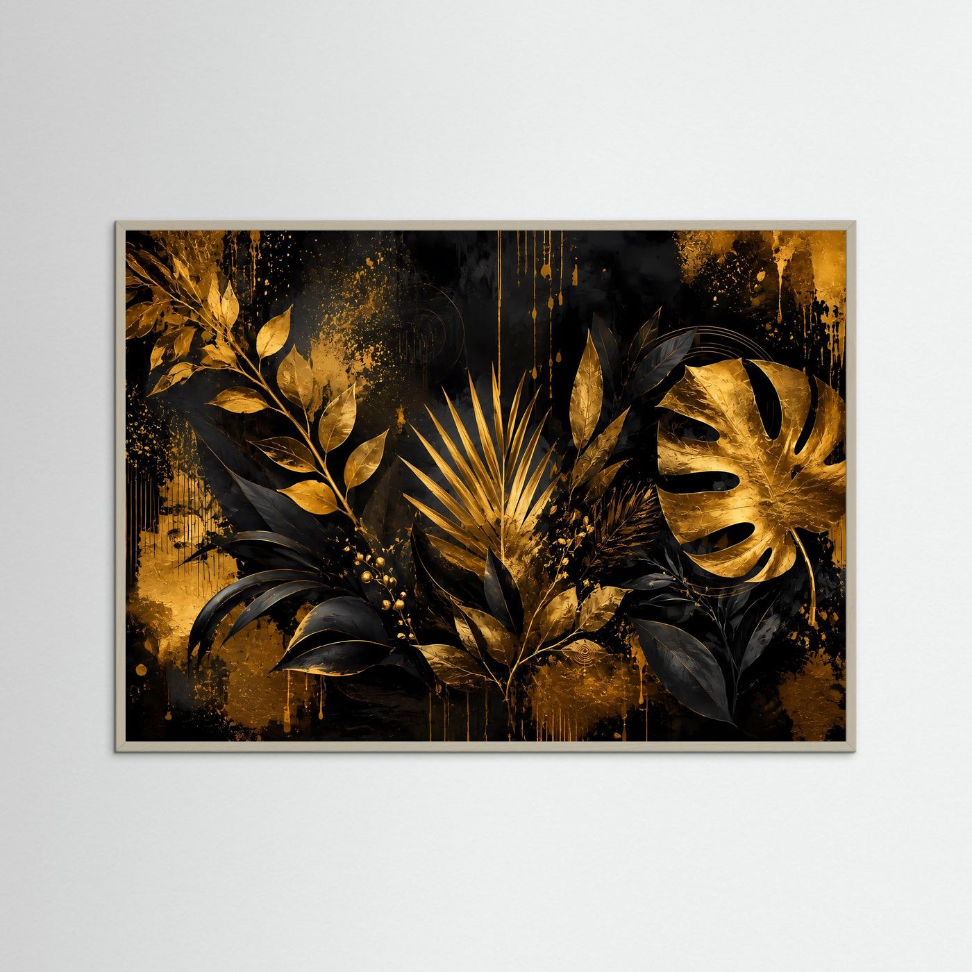 Tropenblatt-Poster im Querformat mit goldenen Blättern, grauer Holzrahmen