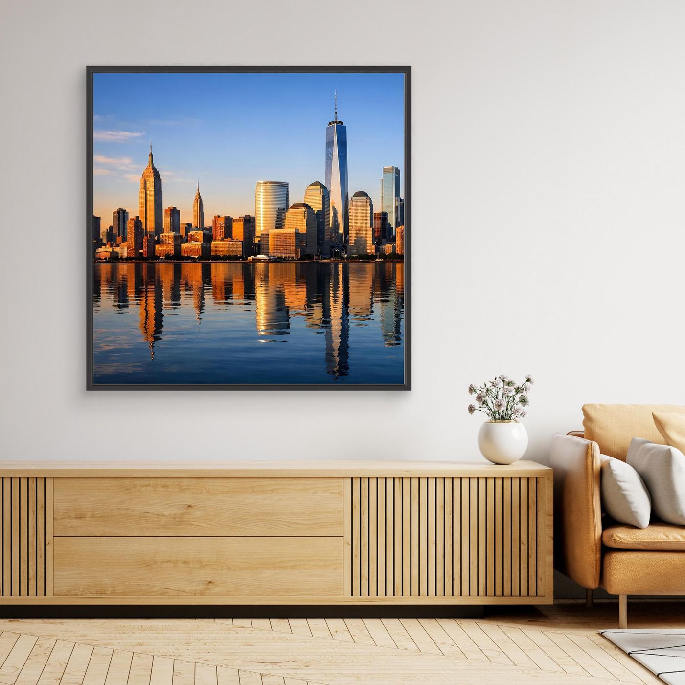 Gerahmtes Leinwandbild mit New York Skyline bei Sonnenuntergang, schwarzer Rahmen