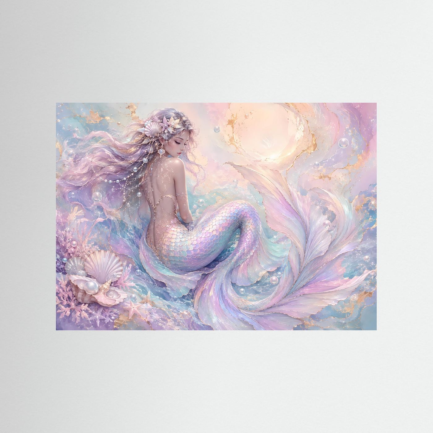Meerjungfrau Poster Querformat | Pastell Fantasy Meerjungfrau Wandbild | Elegante Ozean Kunst