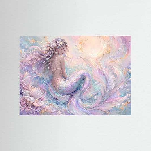 Meerjungfrauen-Wandbild Querformat mit pastellfarbener Sirene, Schwanzschwung und Muschel