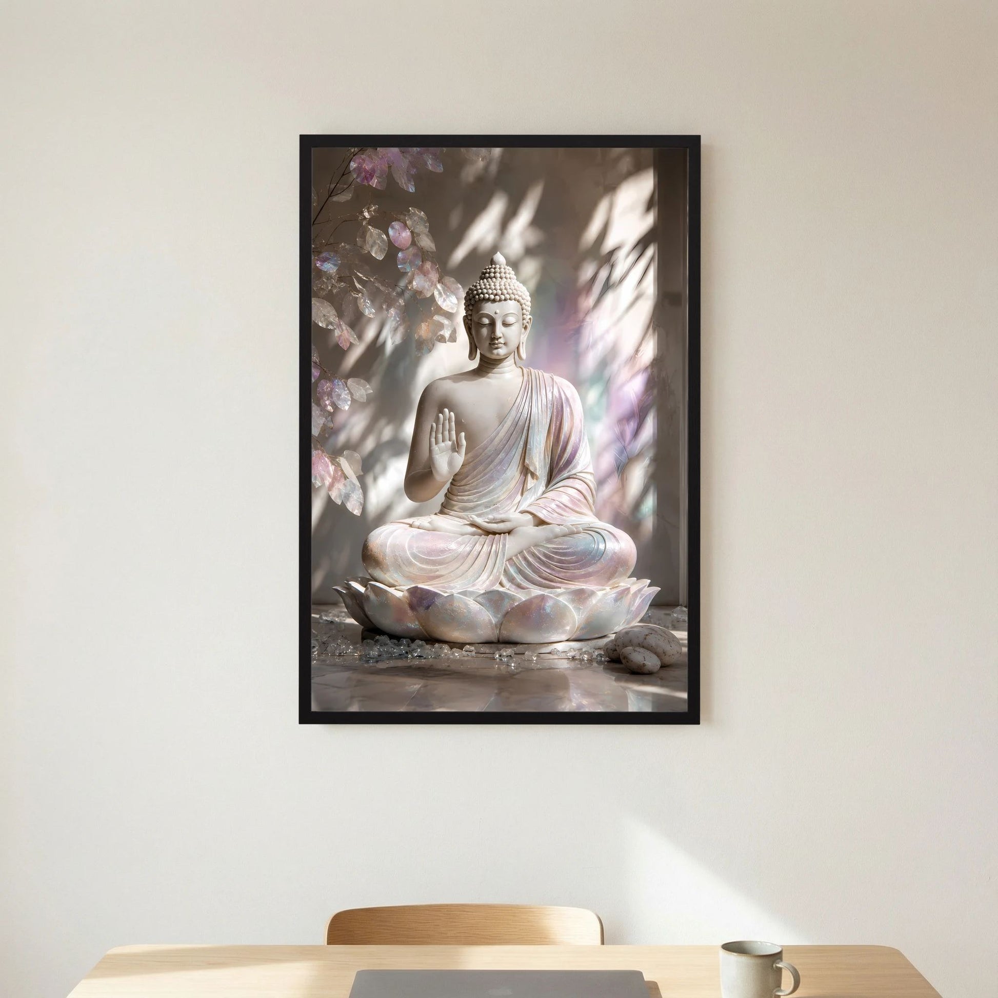 Gerahmtes Hochformat-Poster mit sitzendem Buddha auf Lotus, Hand in Schutzgeste