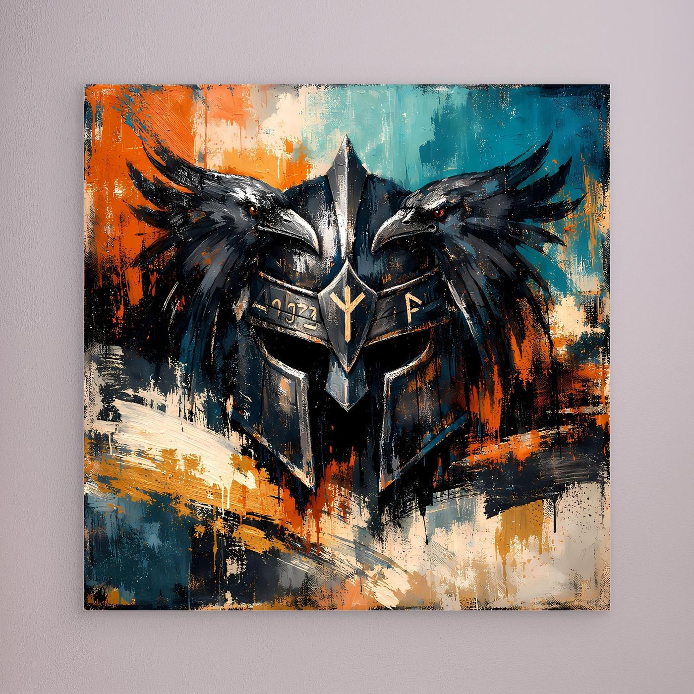 Wandbild mit schwarzem Odins-Helm und Raben im abstrakten Farbdesign