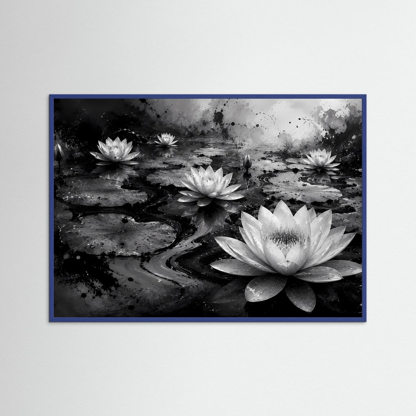Weiße Seerosen auf schwarzem Wasser | Elegante Schwarz-Weiß Naturkunst – Moderner Lotus Teich
