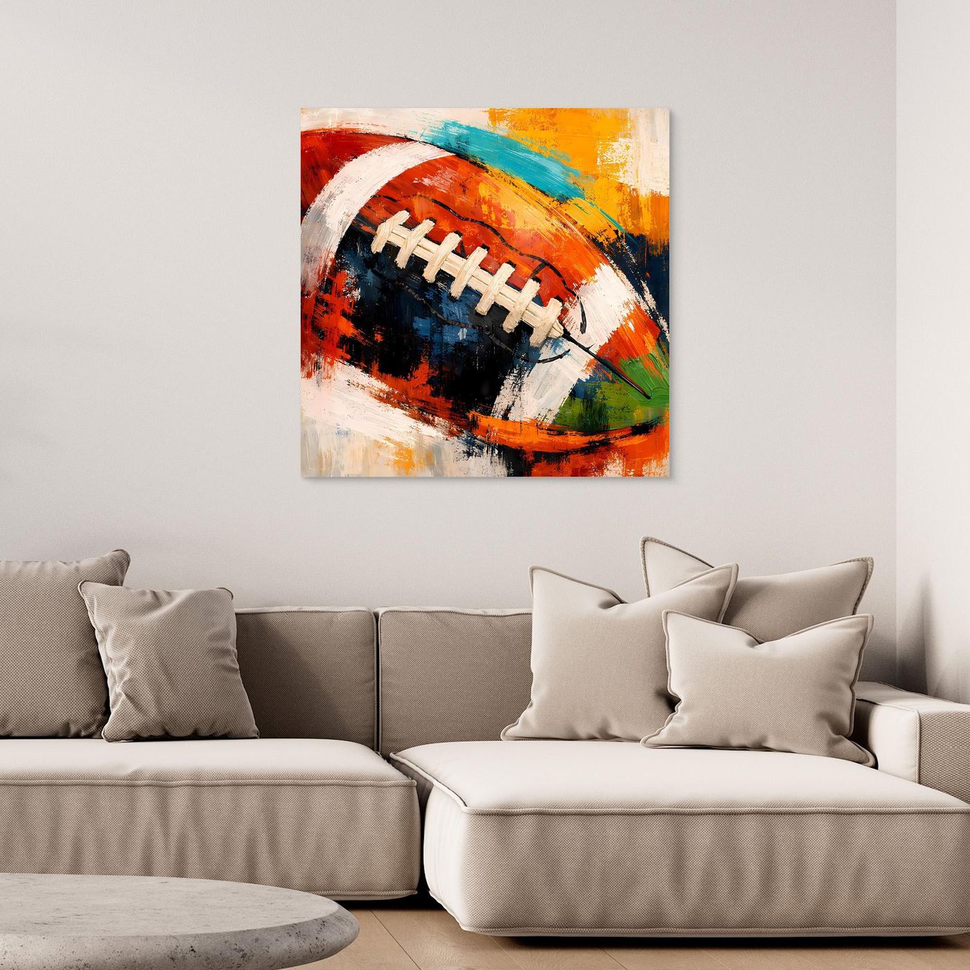 Leinwandbild mit abstraktem American-Football in Rot, Blau, Gelb ohne Rahmen