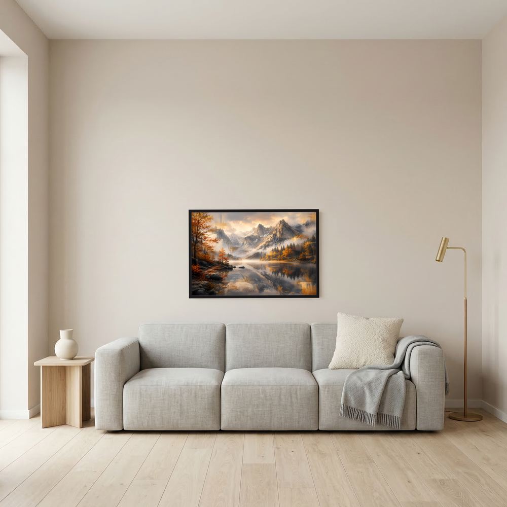 Wandposter mit Bergsee-Landschaft im schwarzen Rahmen
