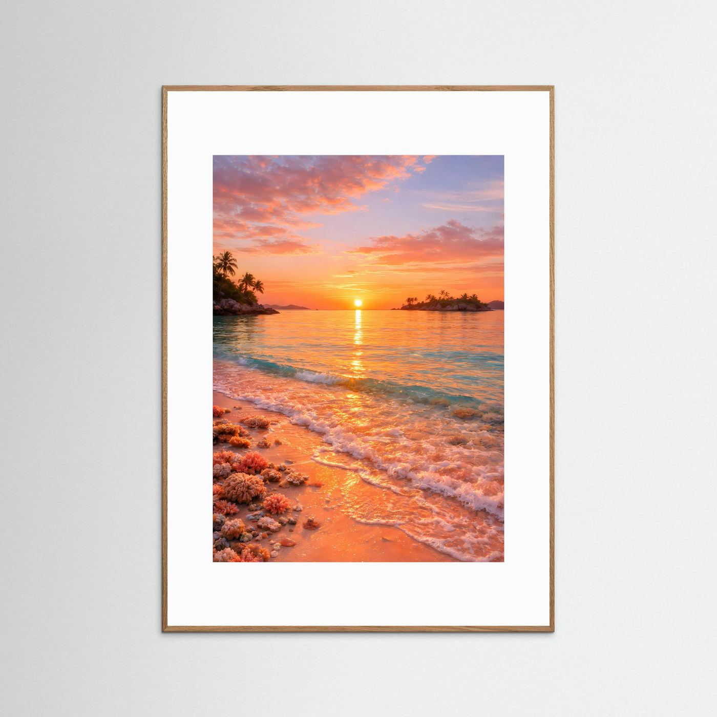 Strand-Poster im Hochformat mit Sonnenuntergang am Meer, dunkler Holzrahmen