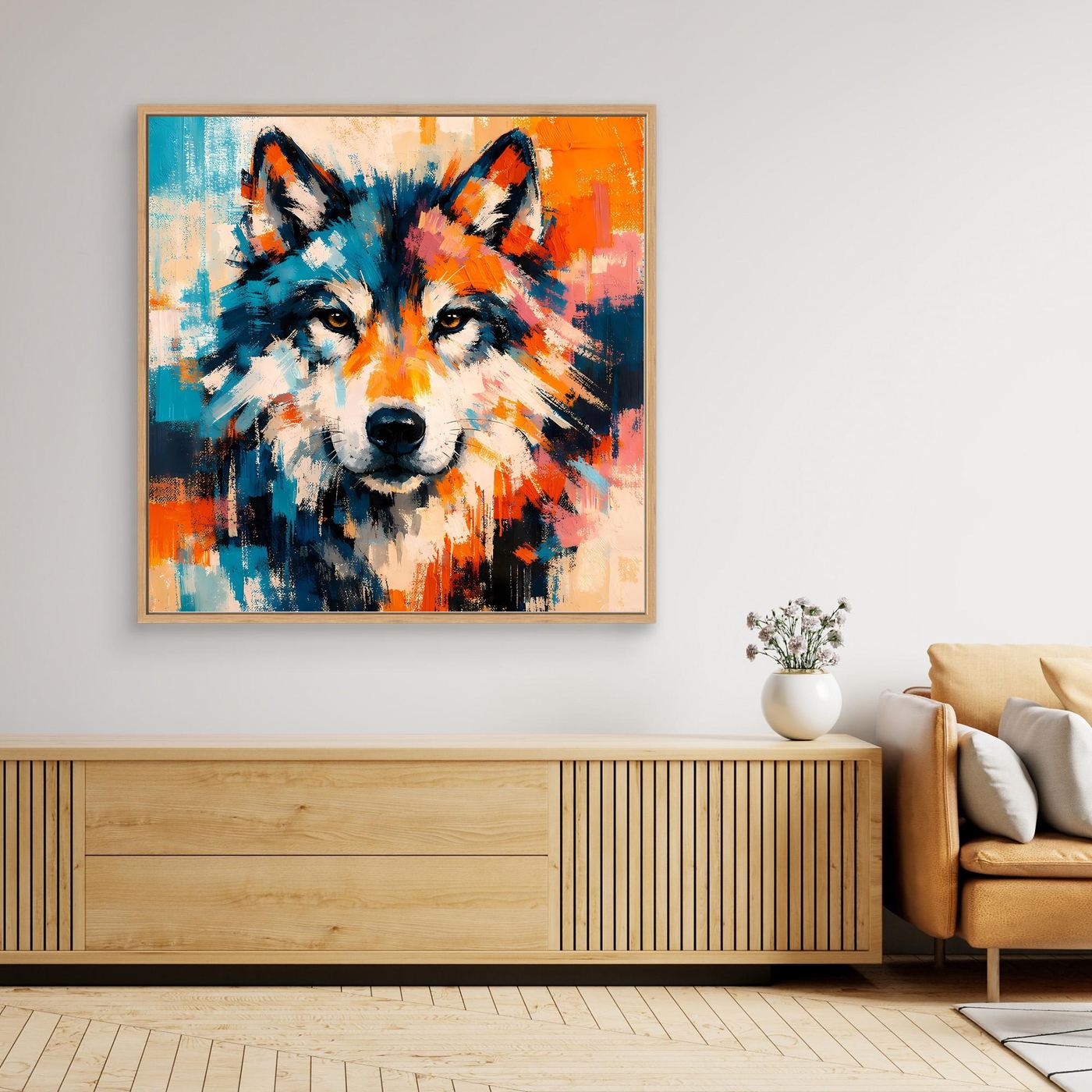 Light wood-framed abstract wolf portrait canvas in blue orange and white colors