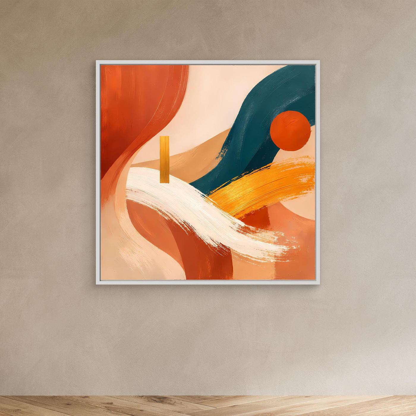 Abstraktes Wandbild auf Leinwand mit Rahmen; Petrolbogen, Terrakottaflächen, Orange-Kreis