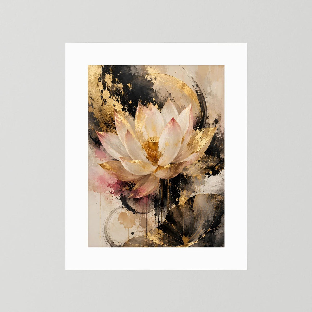 Poster mit Lotusblüte, abstrakt in Gold und Creme, ohne Rahmen, weißer Rand
