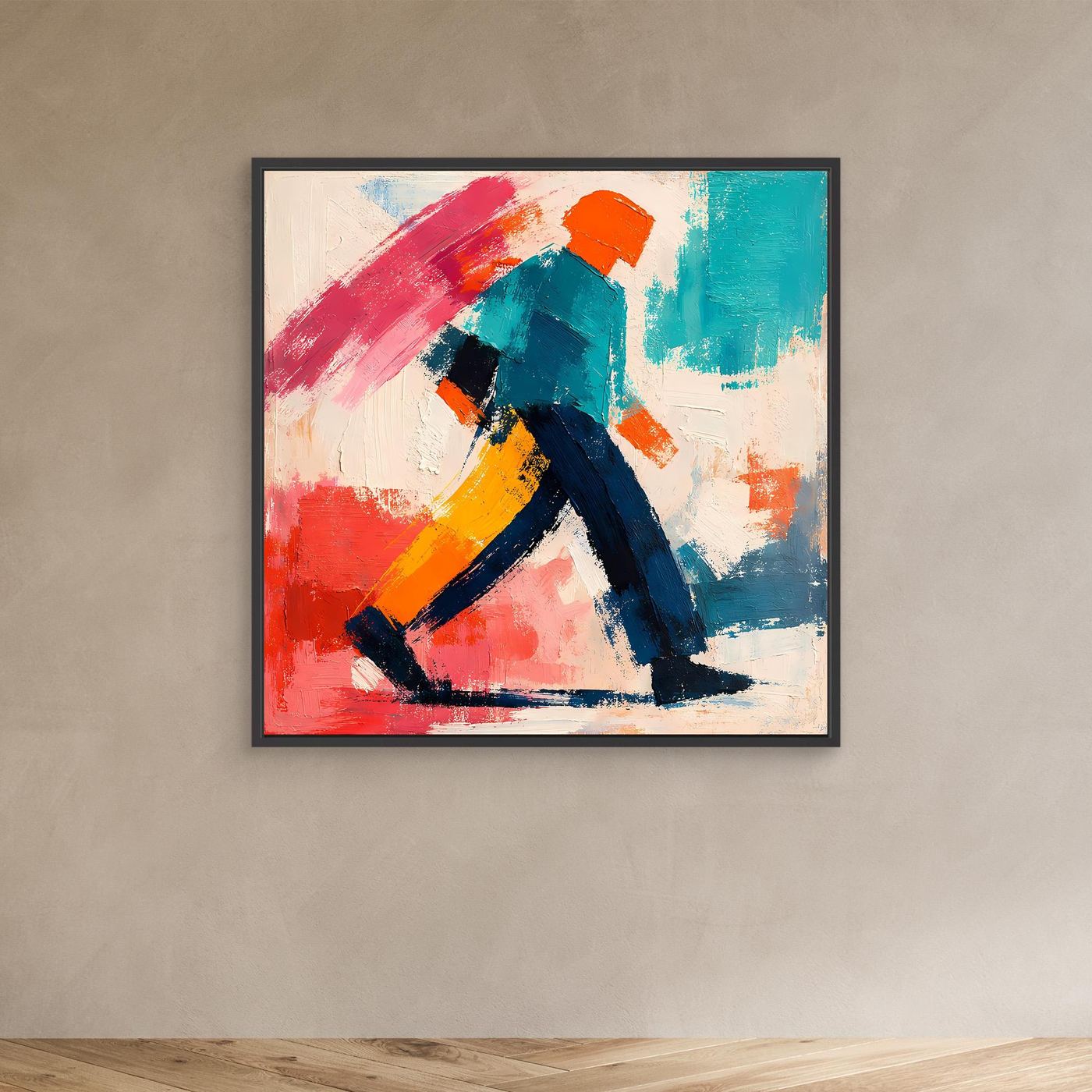 Abstract pop art wall painting with dark frame and colorful strolling figure in red, teal