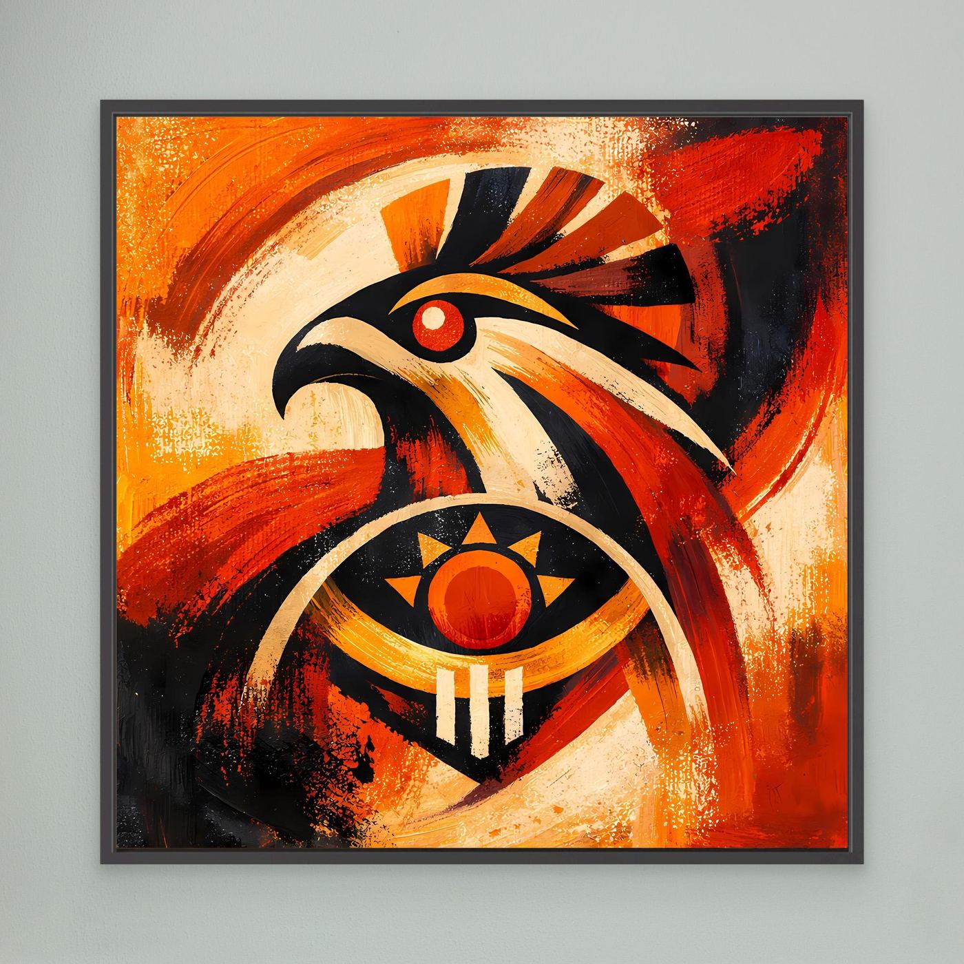 Wandbild mit abstraktem Falken- und Adler-Sonnensymbol, dunkel gerahmt, orange-schwarz