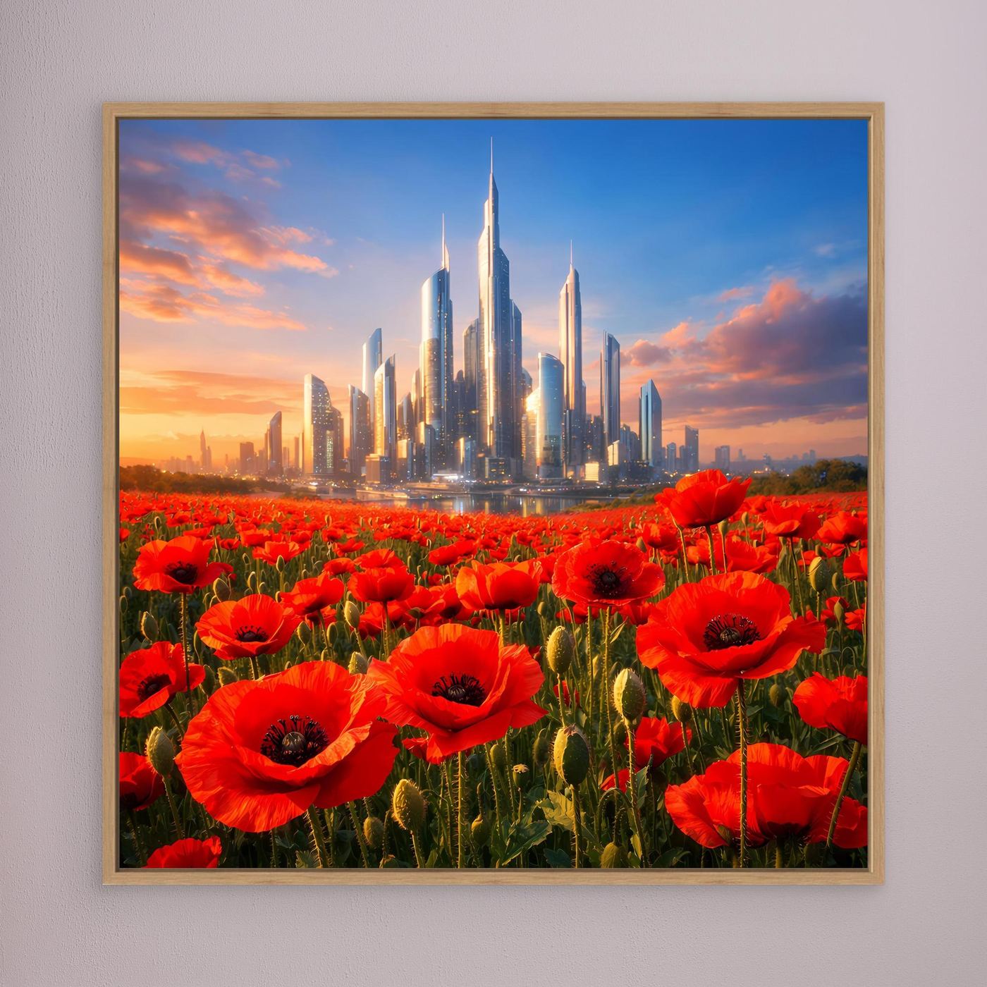 Leinwandbild mit rotem Mohnfeld und futuristischer Skyline im Holzrahmen