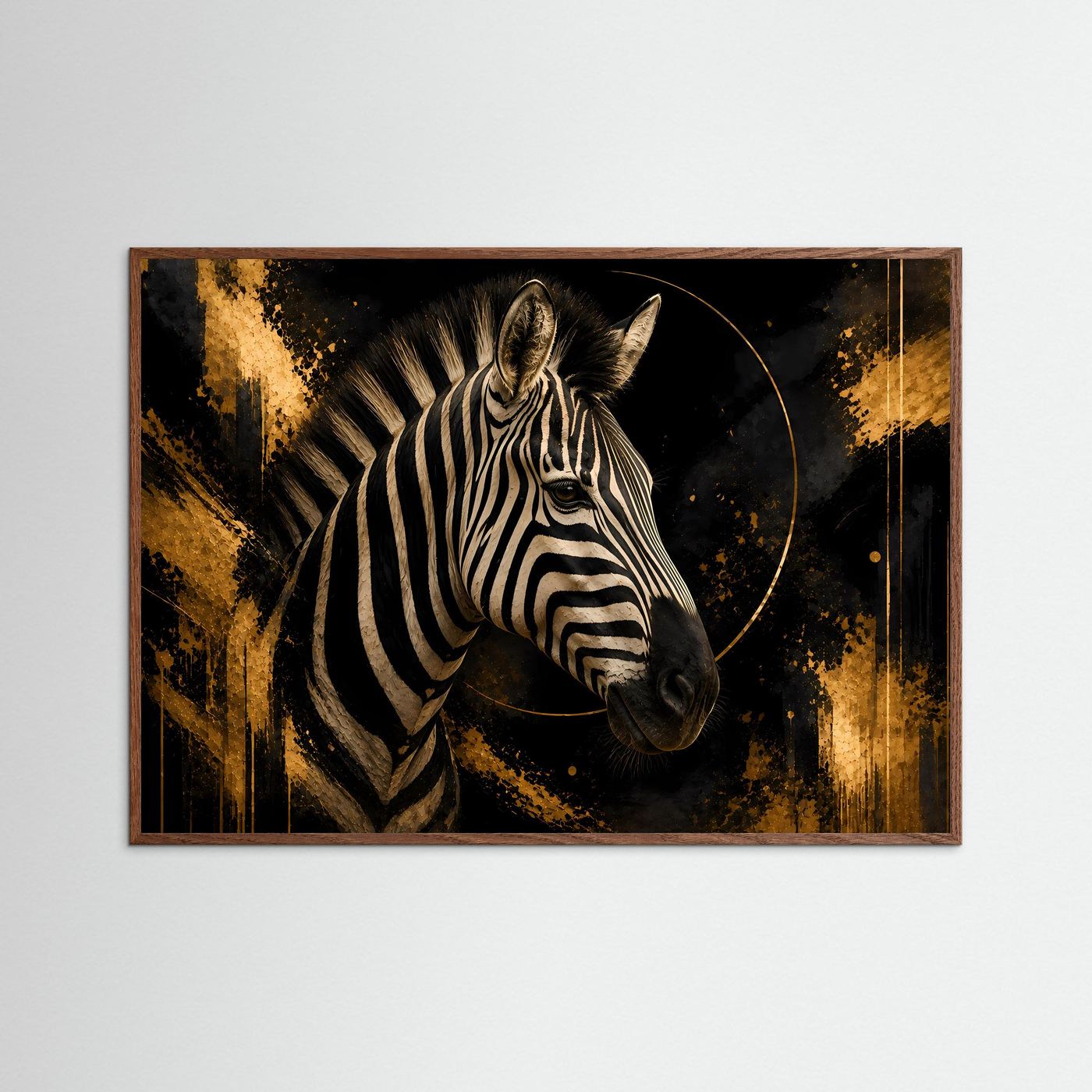 Zebraporträt in Schwarz und Gold, mit hellem Holzrahmen und Kreis im Bild.