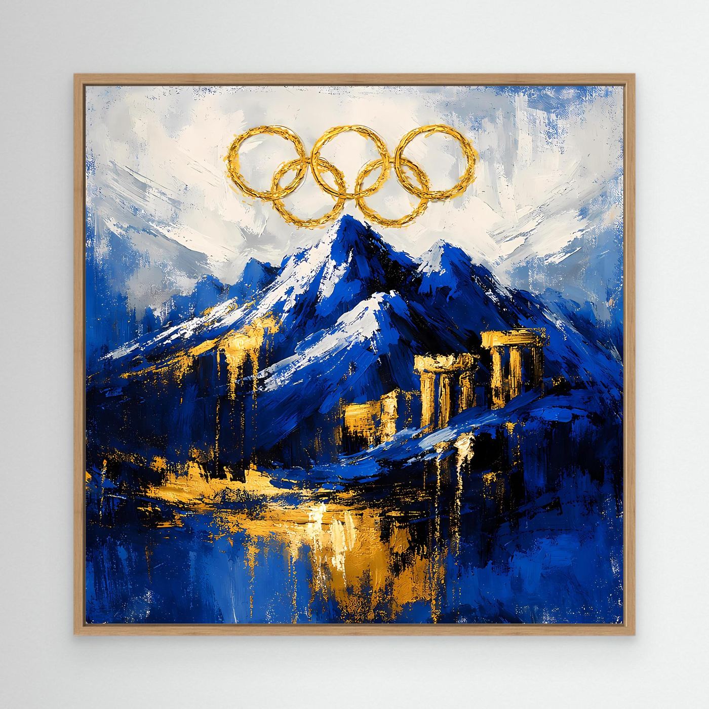 Leinwand Olympischer Geist am Mount Olympus | Abstraktes Berge Wandbild Gold Blau