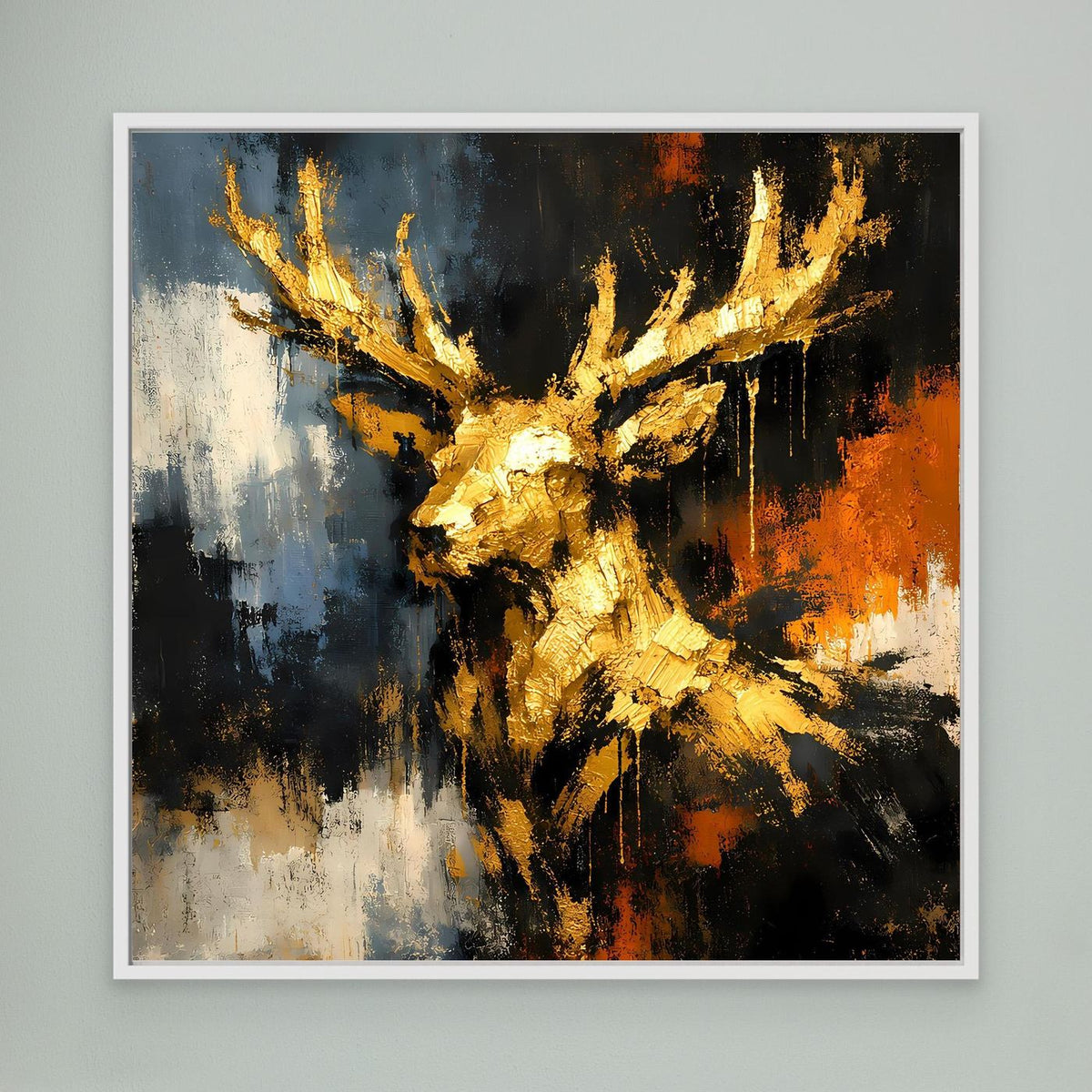 Leinwand-Wandbild: goldenes Hirschgeweih in abstraktem Schwarz, Blau und Orange, weißer Rahmen