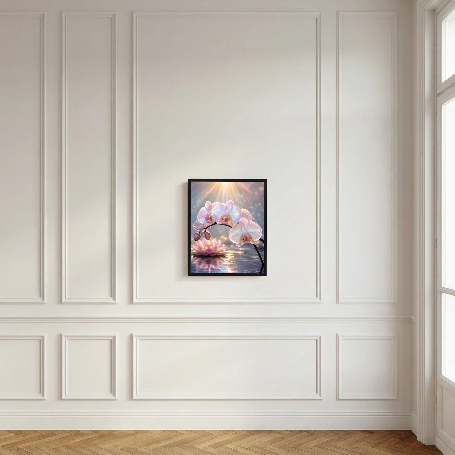 Hochformat-Wandposter mit Perlmutt-Orchideen und Lotusblüte im schwarzen Rahmen