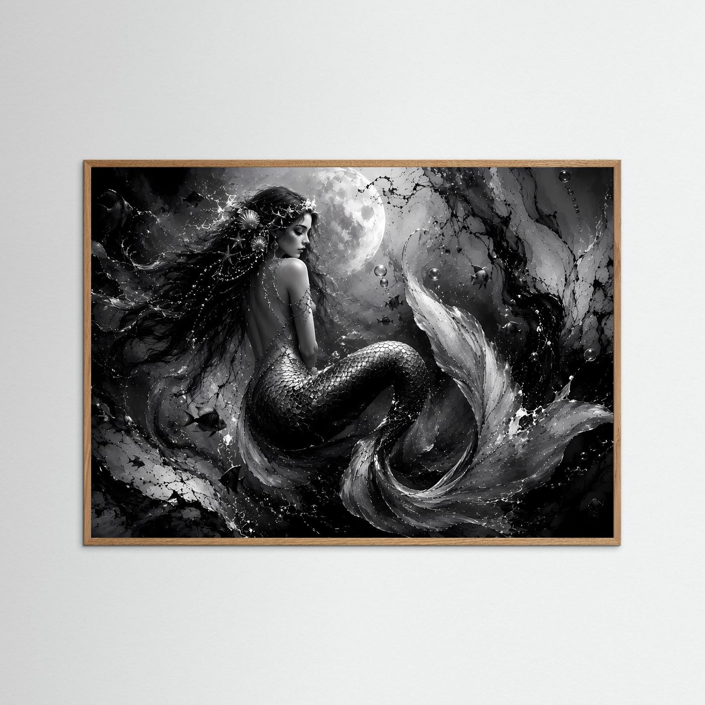 Mystische Meerjungfrau in Schwarz-Weiß | Elegantes Fantasy Poster Querformat
