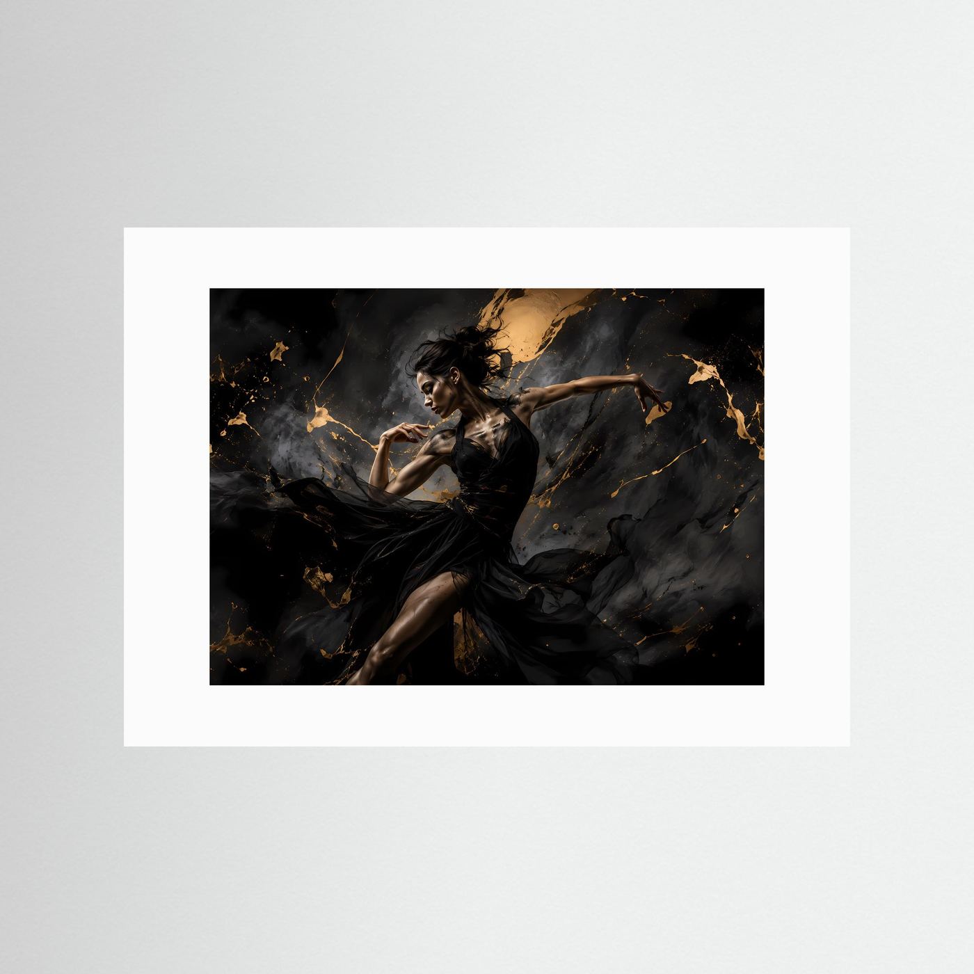 Elegante Tänzerin in Schwarz & Gold | Abstraktes Kunstposter im Querformat | Modernes Wandbild mit Goldakzenten