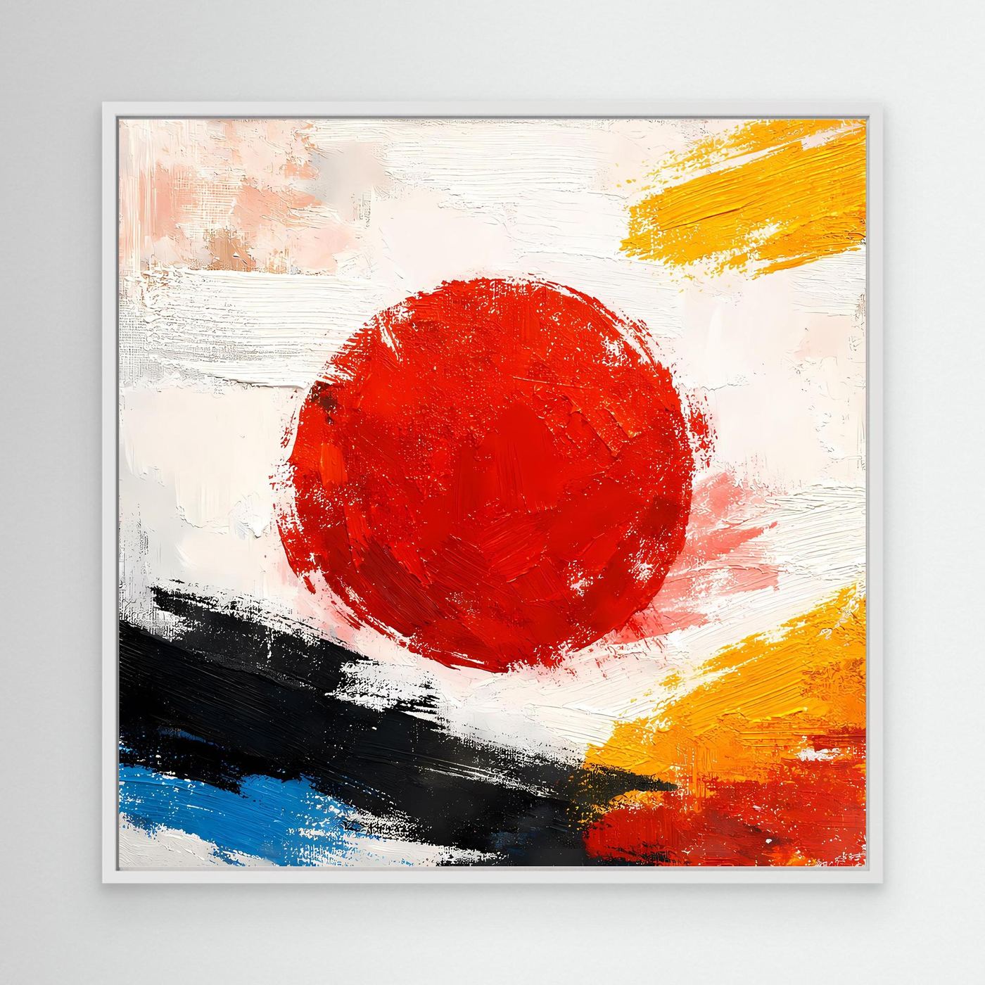 Abstraktes Leinwandbild mit weißem Rahmen: rote Sonne, weißer Pinselstrich, gelbe, blaue, schwarze Flächen.