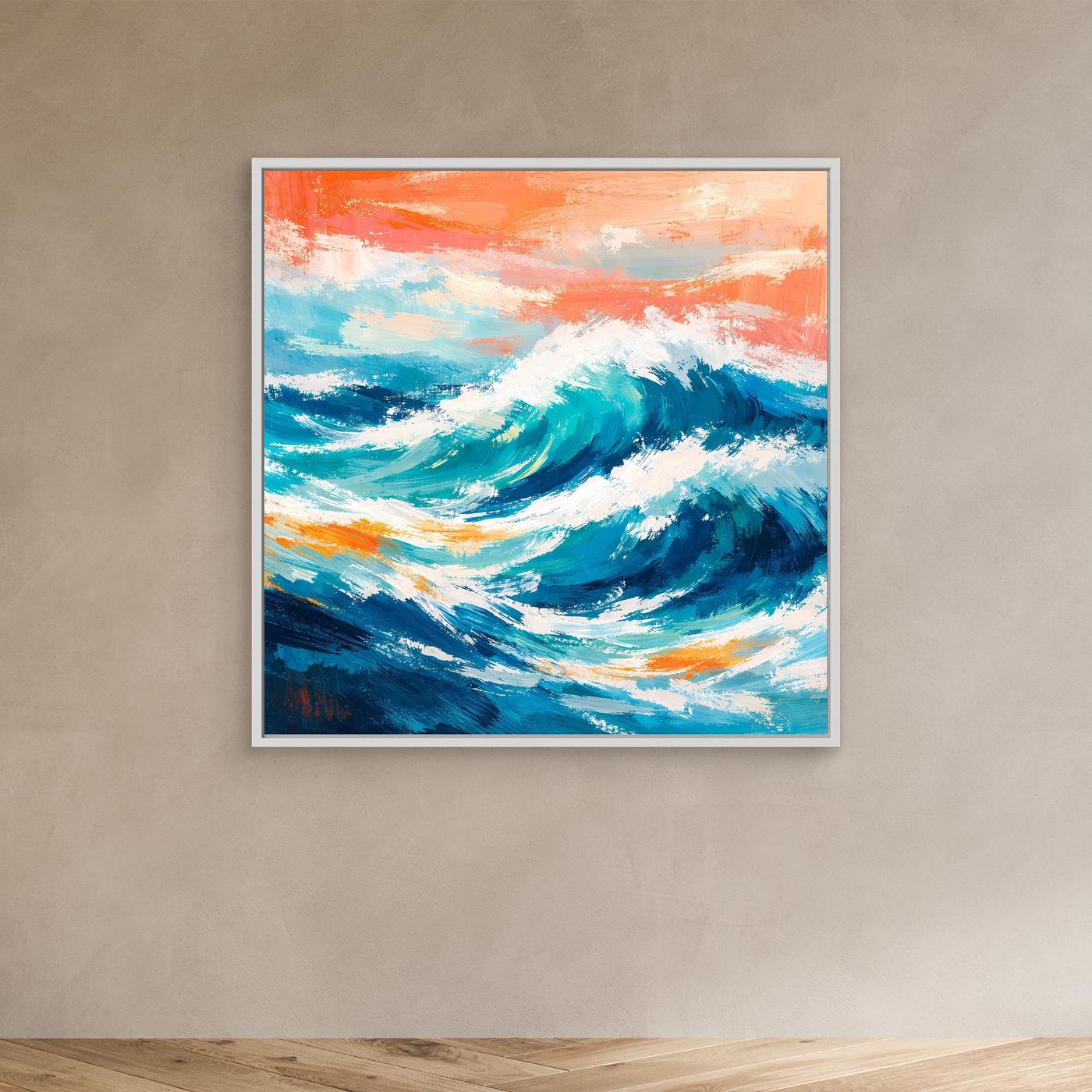 Leinwand-Wandbild mit türkisblauer Meereswelle, orange Himmel, weißer Rahmen