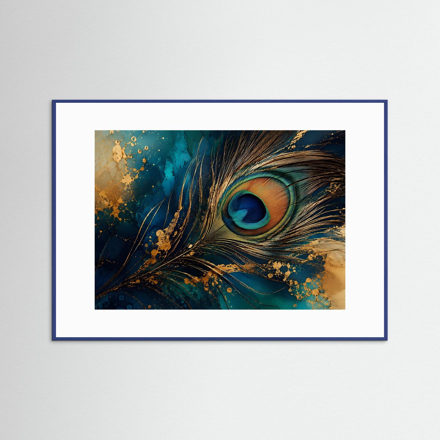 Pfauenfeder in Petrol & Gold | Luxuriöse abstrakte Wandkunst