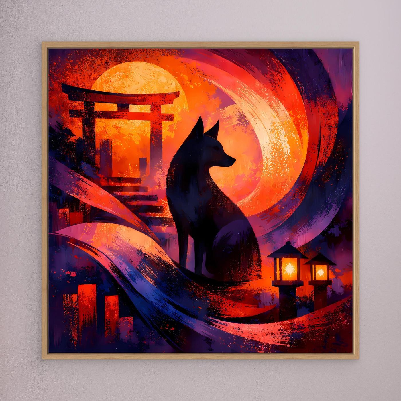 Abstraktes Leinwandbild mit dunkler Fuchsfigur am Torii-Tor, heller Holzrahmen