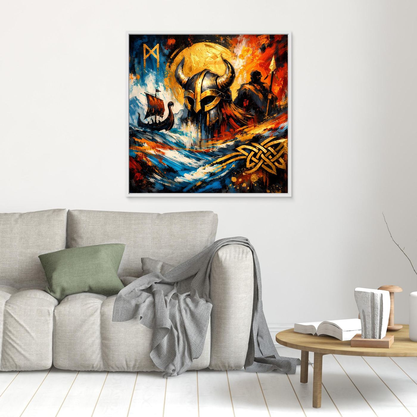 Kleines Leinwandbild mit Wikingerhelm-Motiv und Runen im abstrakten Mythologie-Stil, schwarz gerahmt
