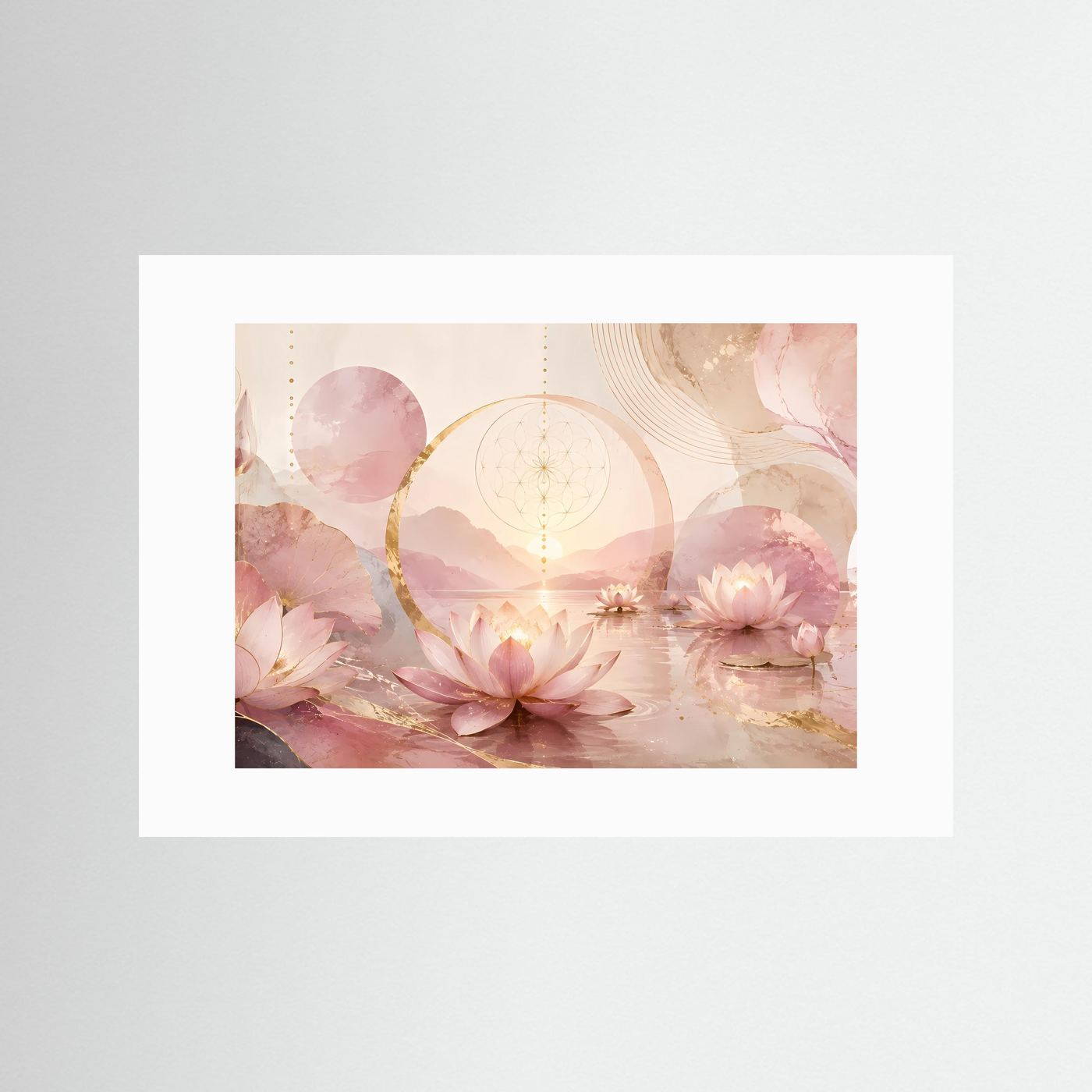 Querformat-Poster mit weißem Rand und Lotusblüten in Rosa und Gold, Kreisornamenten