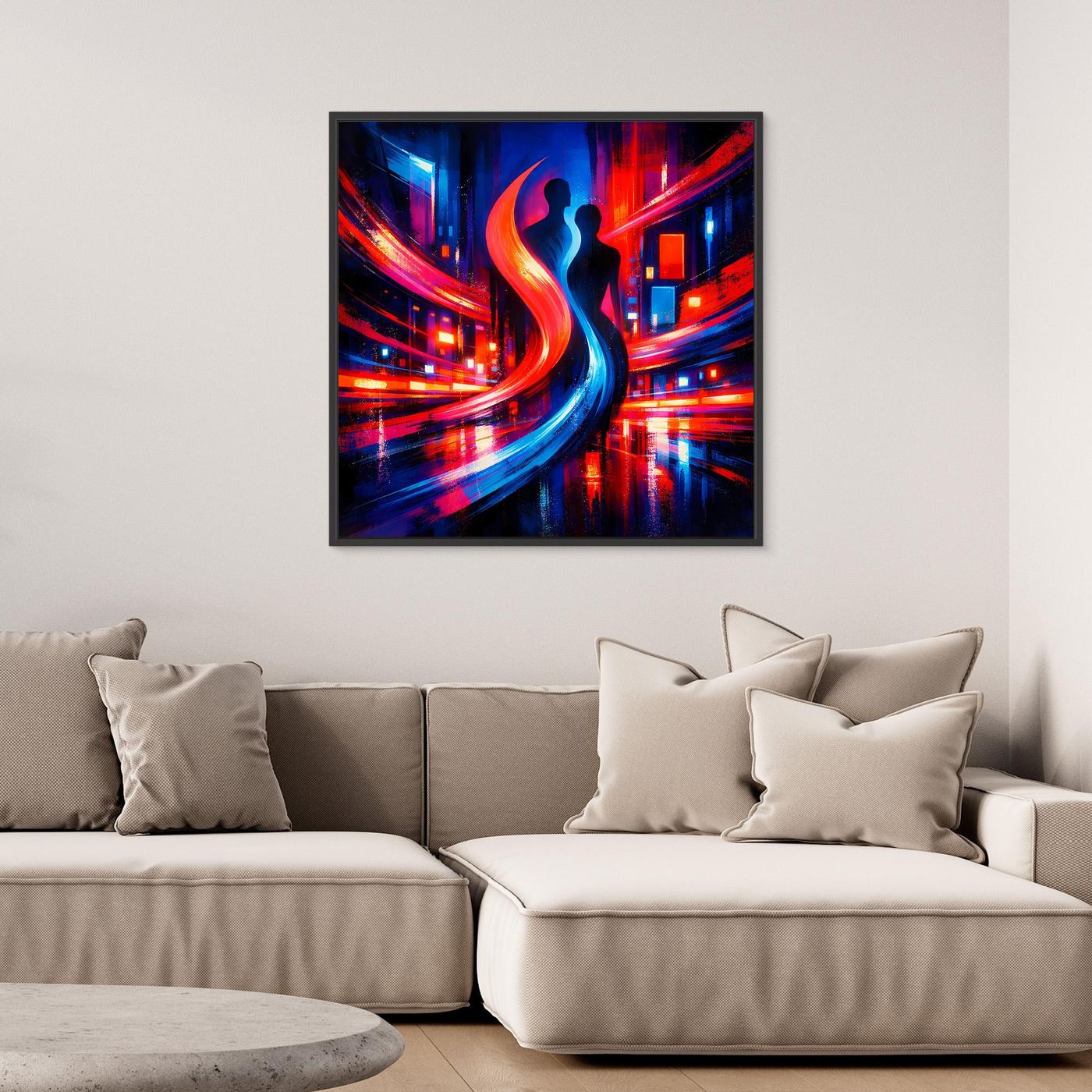 Wandbild mit Paar-Silhouette im Cyberpunk-Design, dynamische Neonspuren in Blau und Rot, Holzrahmen