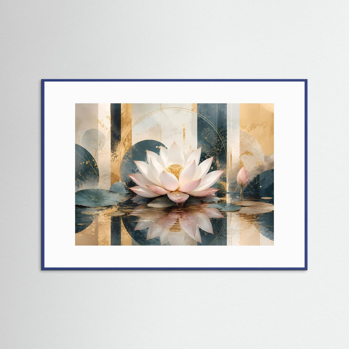 Querformat-Poster mit weißer Lotusblüte auf ruhigem Wasser, im blauen Rahmen