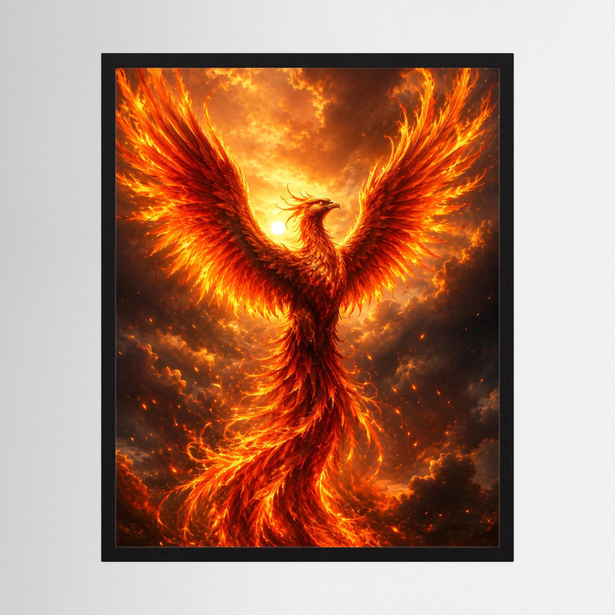 Hochformat-Poster im schwarzen Rahmen: Phönix aus Feuer mit ausgebreiteten Flügeln