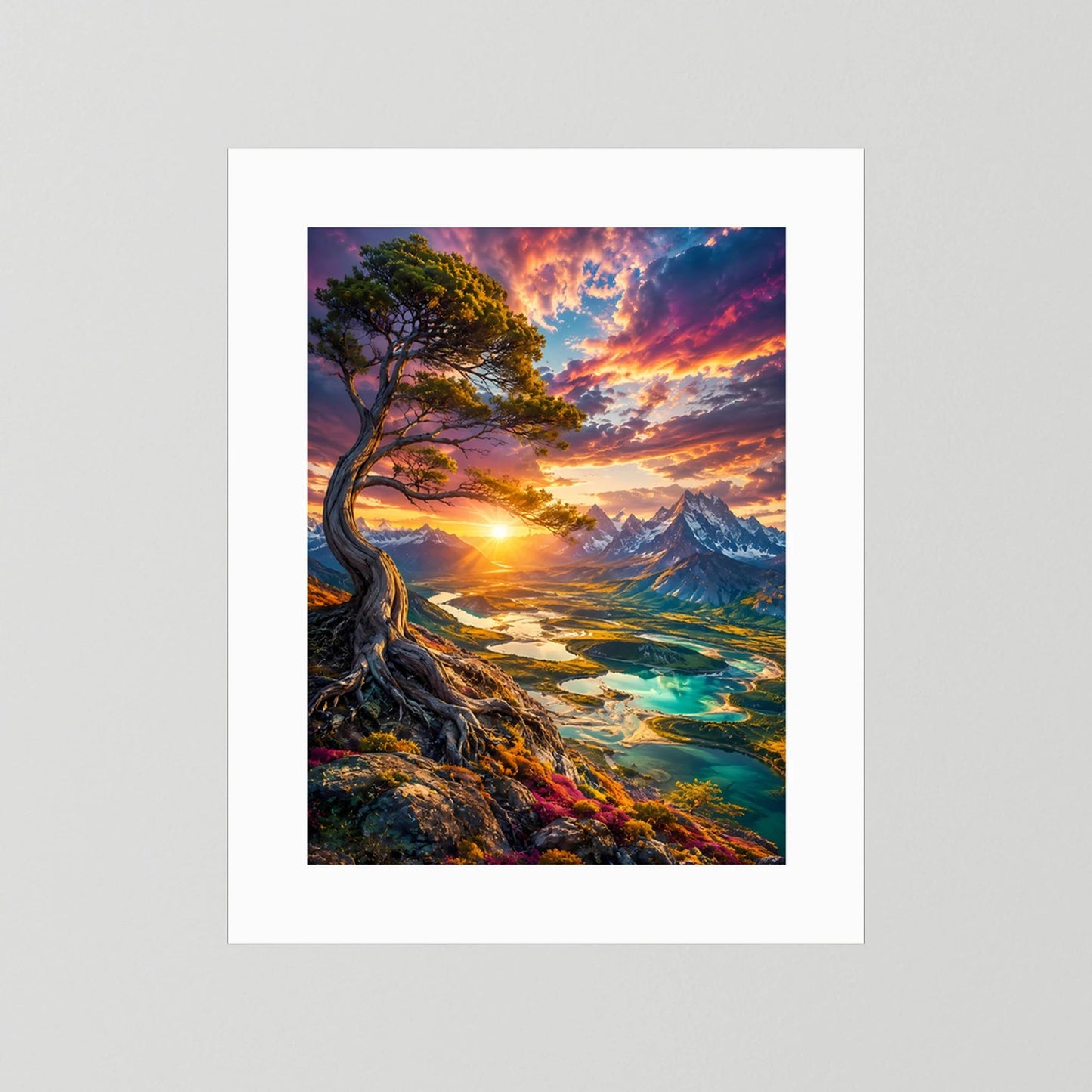 Majestätischer Baum über Bergtal | Leuchtender Sonnenuntergang & türkisfarbene Seen | Poster Hochformat