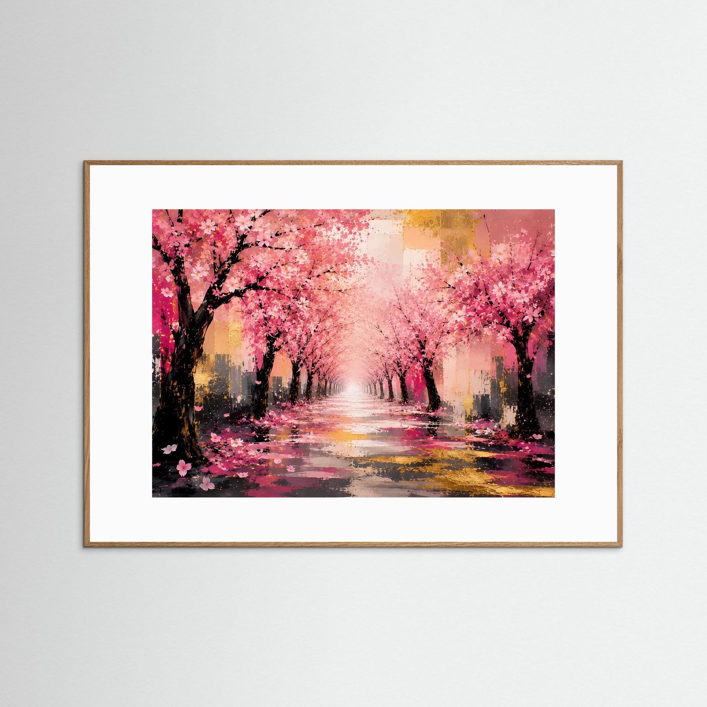 Kirschblütenallee in Rosa & Gold | Abstraktes Frühlings-Wandbild in Premiumqualität
