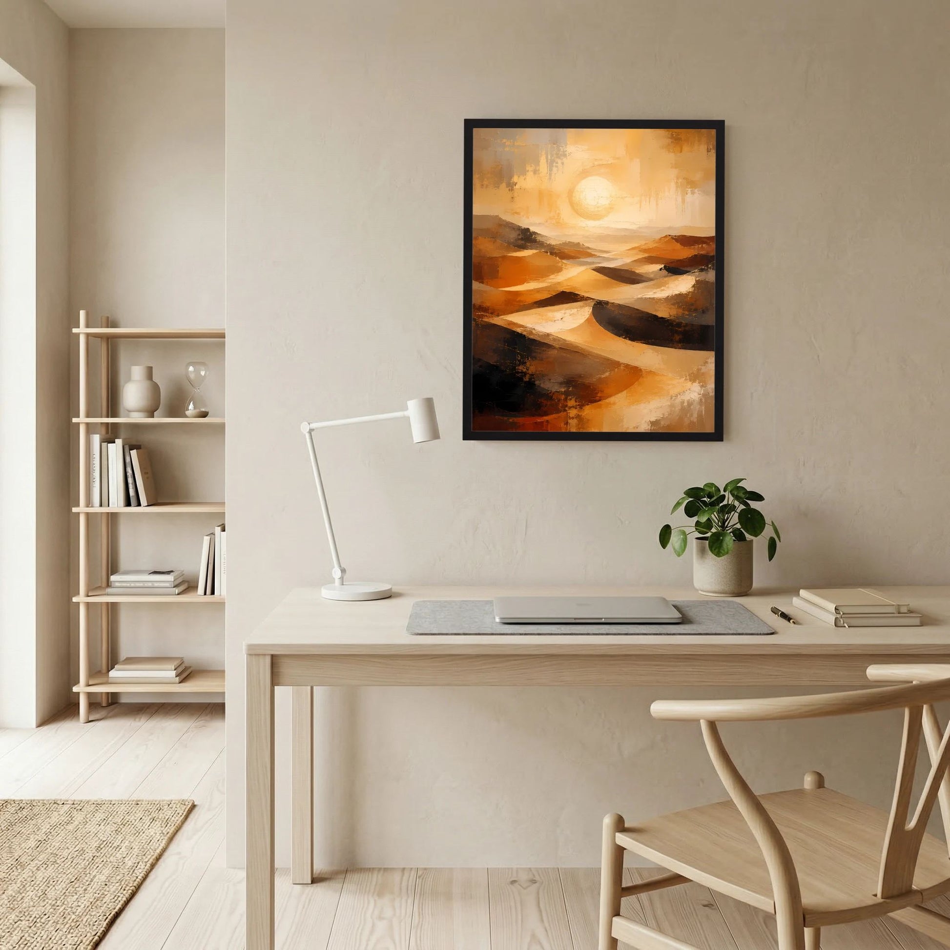 Gerahmtes Poster mit abstrakten Wüstenmustern in Gold und Orange, Kreis-Sonne.