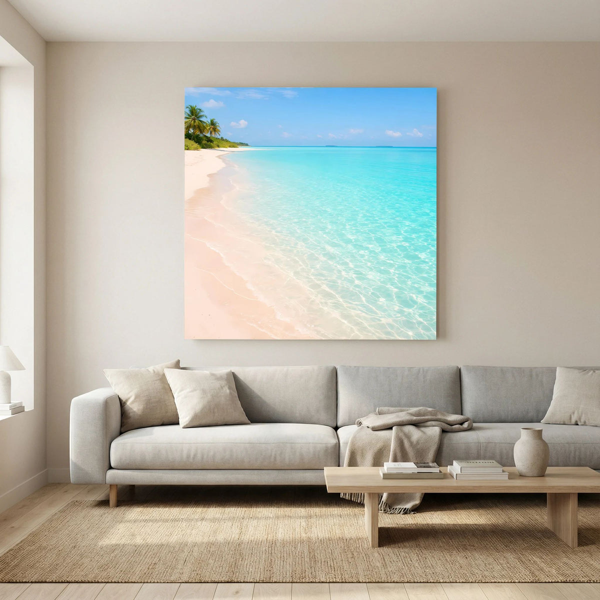 Leinwandbild Strandlandschaft mit türkisblauem Meer, hellem Sand und Palmen am linken Ufer