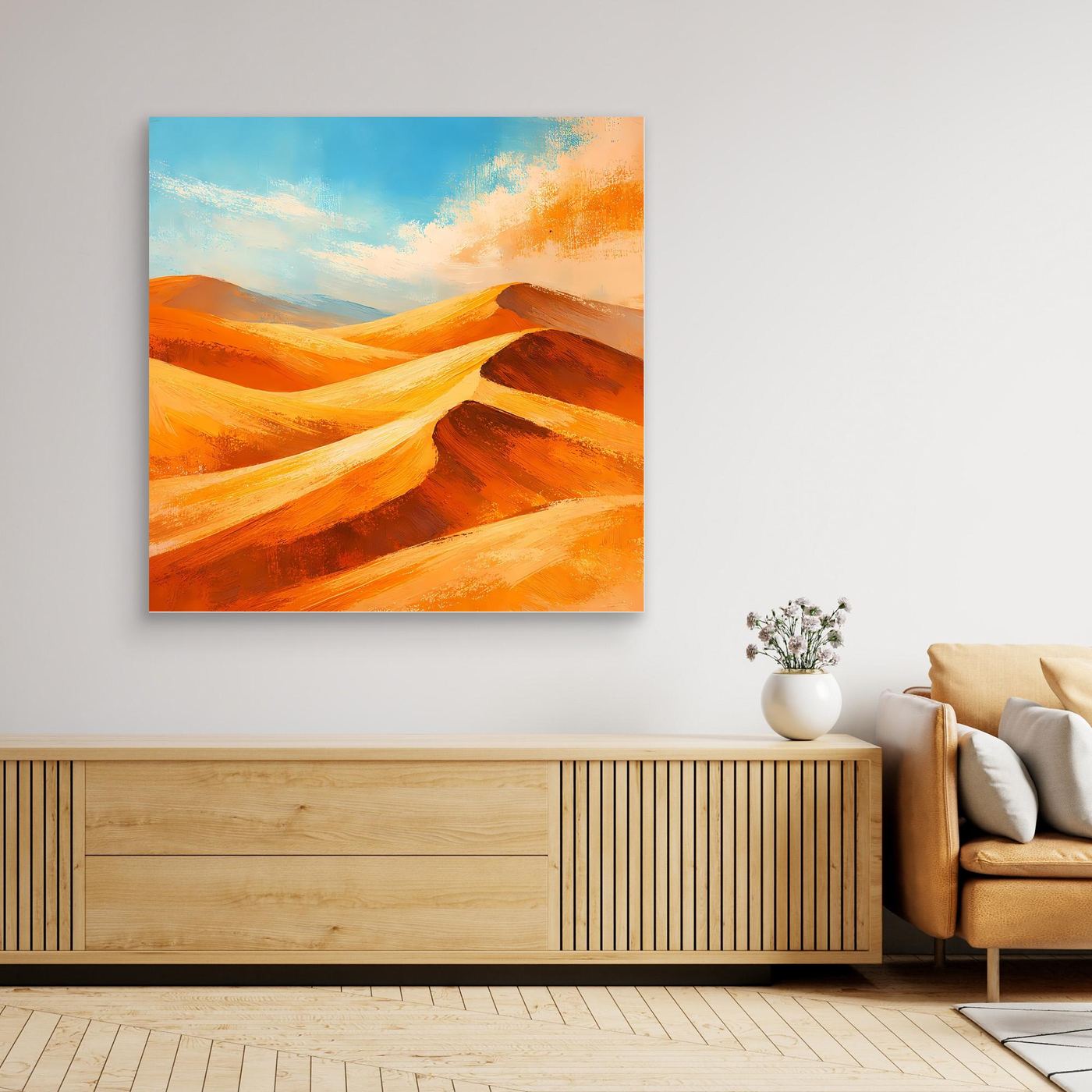 Abstract desert dunes canvas wall art with orange and gold tones, unframed