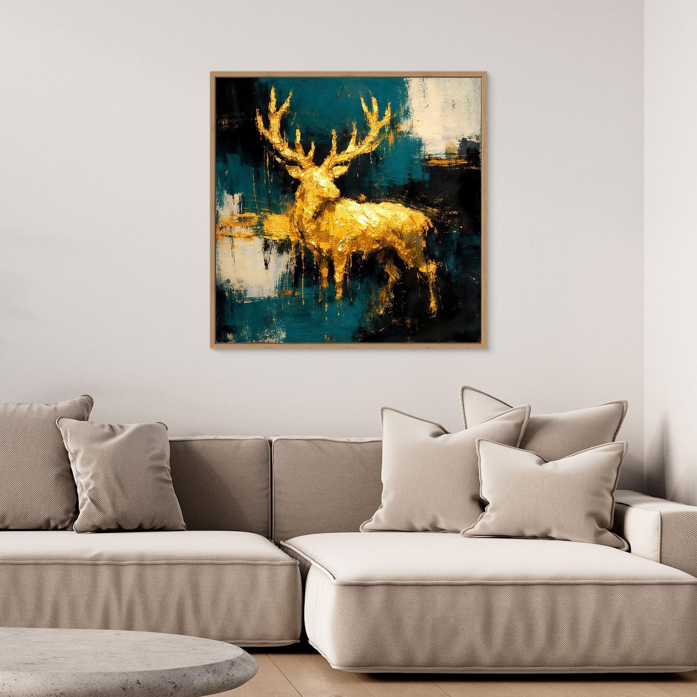 Leinwand Goldener Hirsch in abstrakter Landschaft | Modernes Edel-Tier Wandbild