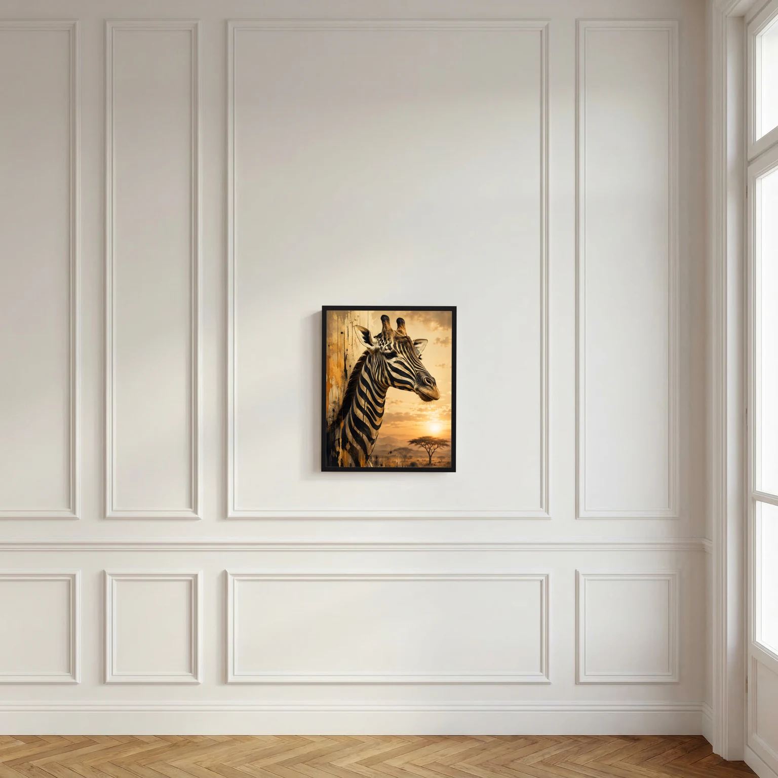 Giraffen-Tierposter im Zebra-Look, gerahmt in Schwarz, zentrierte Darstellung