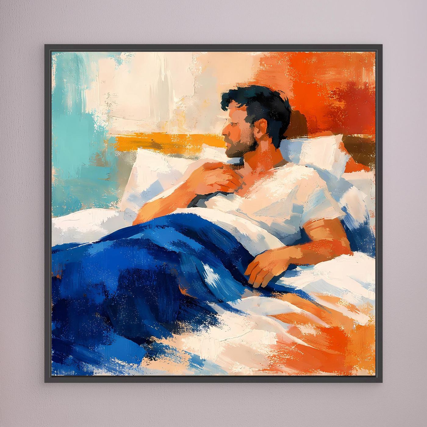 Wandbild mit abstraktem Mann im Bett, schwarzer Rahmen, Blau- und Orangetöne