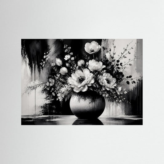 Schwarz-weiß Blumenposter mit Vase und Blumenstrauß, ohne Rahmen