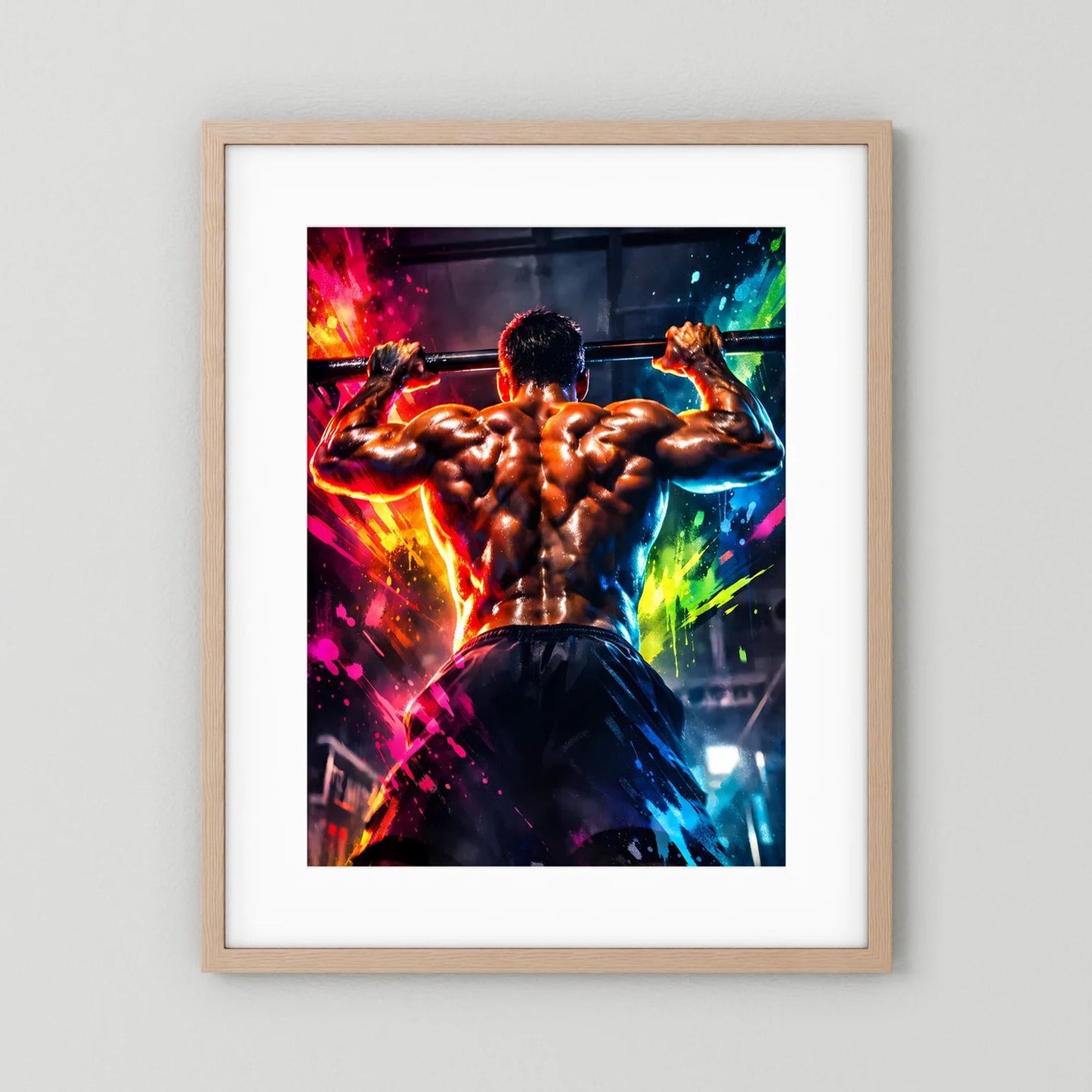 Fitness-Wandbild mit muskulösem Mann beim Klimmzug, farbige Spritzer, hellen Holzrahmen, weißer Rand