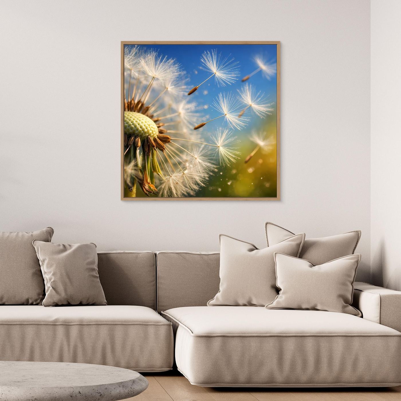 Leinwandbild mit Löwenzahn-Pusteblumen-Makro, gelb-grün, blauer Hintergrund, mit hellem Holzrahmen
