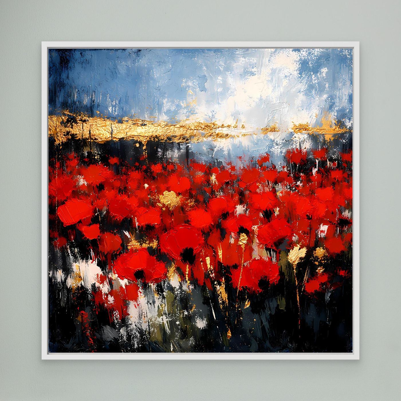 Abstraktes Wandbild: Rot-Blumenfeld, Blauhimmel und Goldstreifen, hellgrauer Rahmen